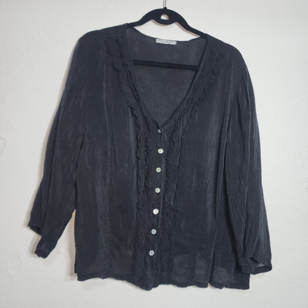 Russ Berens Malibu Blouse XL Black Rayon Crinkle Ruffle Button Front Top Vintage